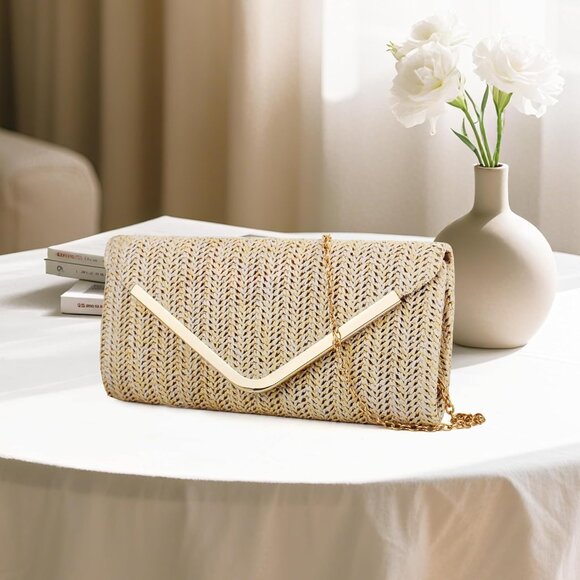 Women's Beige Clutch Purses Sparkling Envelope Evening Bag with Detachable Chain - Picture 9 of 9